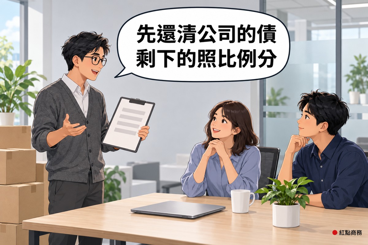 明亮的小辦公室,左邊短髮、戴眼鏡、穿石墨灰開襟衫的股東站在幾個疊好的空白紙箱旁,拿著空白夾板說明;右邊及肩髮、穿霧藍色上衣的女股東與穿靛藍色襯衫的年輕男股東坐在木桌邊點頭,對話氣泡寫著先還清公司的債剩下的照比例分