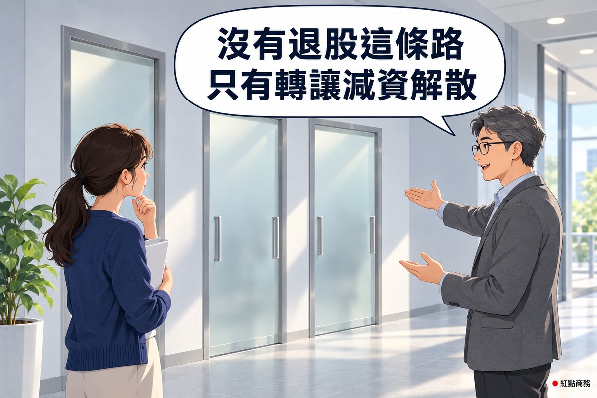 明亮的辦公室走廊,左邊綁低馬尾、穿靛藍色開襟衫的女股東一手托著下巴、一手抱著空白資料夾,看著並排的霧面玻璃門;右邊灰髮、戴眼鏡、穿石墨灰外套的顧問張開雙手向門示意說明,對話氣泡寫著沒有退股這條路只有轉讓減資解散