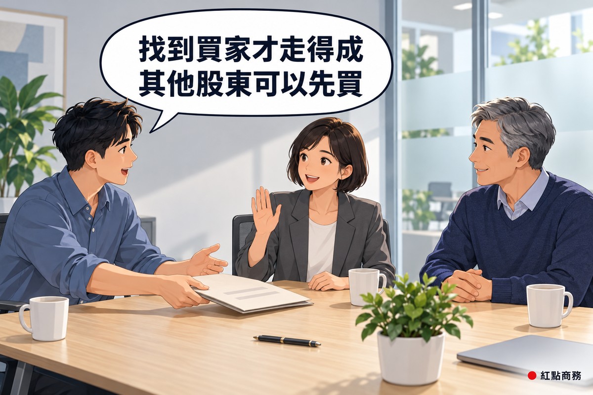 明亮的小會議室,左邊短髮、穿霧藍色襯衫的男股東把空白資料夾推過木桌微笑說話,中間短鮑伯頭、穿石墨灰西裝外套的女股東舉手表示想先買,右邊灰髮、穿靛藍色毛衣的男股東點頭,對話氣泡寫著找到買家才走得成其他股東可以先買