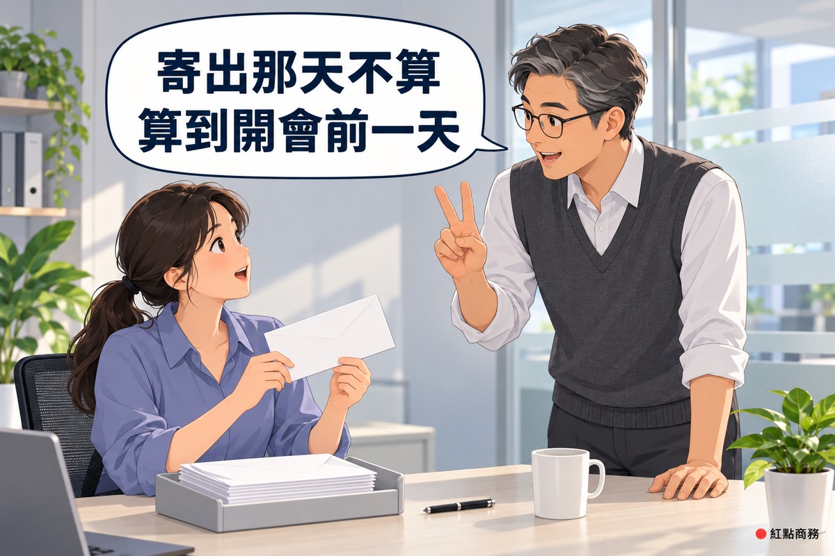明亮的辦公室角落,左邊綁長低馬尾、穿霧藍色上衣的女行政坐在桌前舉著一個空白信封發問,桌上放著一疊空白信封,右邊戴眼鏡、穿石墨灰背心的男同事站在旁邊舉起一隻手比出兩根手指微笑說明,對話氣泡寫著寄出那天不算算到開會前一天
