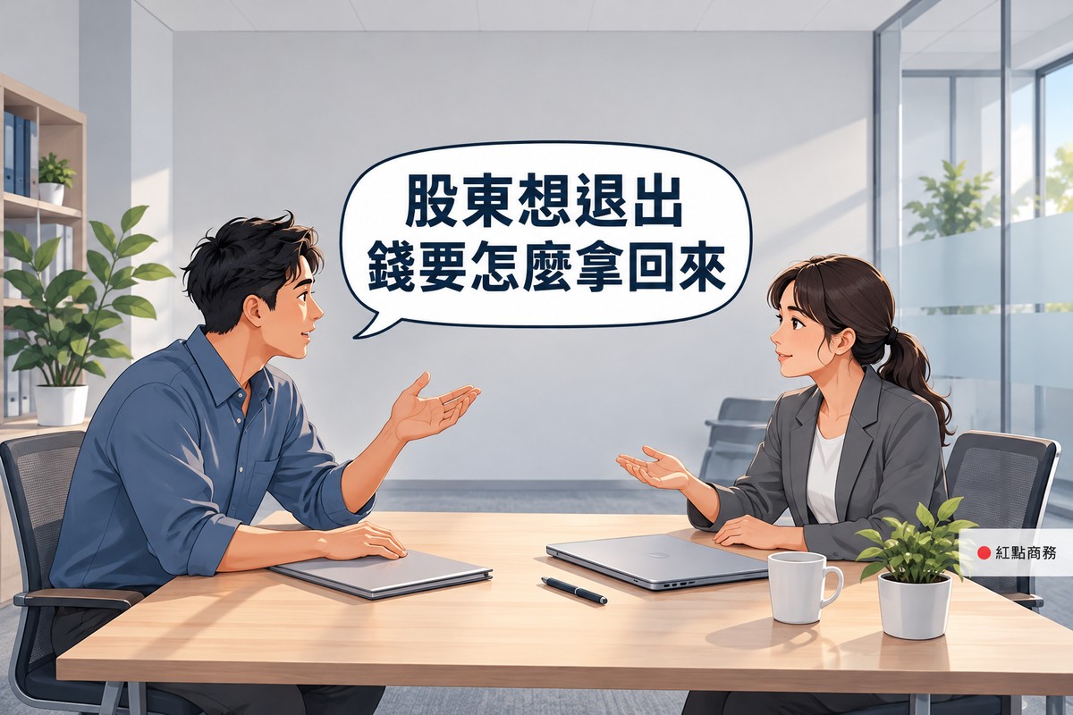 明亮的小公司辦公室，左邊短髮、穿霧藍色襯衫的男共同創辦人坐在木桌前、一手按著闔上的筆電、一手攤開說話，右邊及肩髮、穿石墨灰西裝外套的女共同創辦人坐在對面微笑傾聽，對話氣泡寫著股東想退出錢要怎麼拿回來