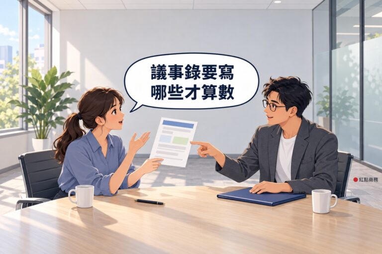 會後明亮的小會議室,左邊綁低馬尾、穿霧藍色上衣的公司負責人舉著一張只有欄位色塊的議事錄發問,右邊戴眼鏡、穿石墨灰西裝外套的男顧問手放在靛藍色資料夾上,指著紙上的欄位說明,對話氣泡寫著議事錄要寫哪些才算數