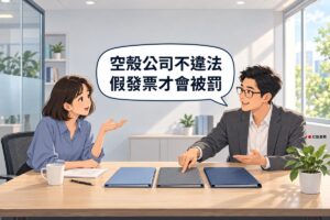 明亮的小諮詢室，左邊短鮑伯頭、穿霧藍色上衣的女創業者坐在木桌前身體前傾攤手發問，右邊短髮、戴眼鏡、穿石墨灰西裝外套的男顧問坐在對面微笑，指著桌上三個顏色不同的空白資料夾說明，對話氣泡寫著空殼公司不違法假發票才會被罰