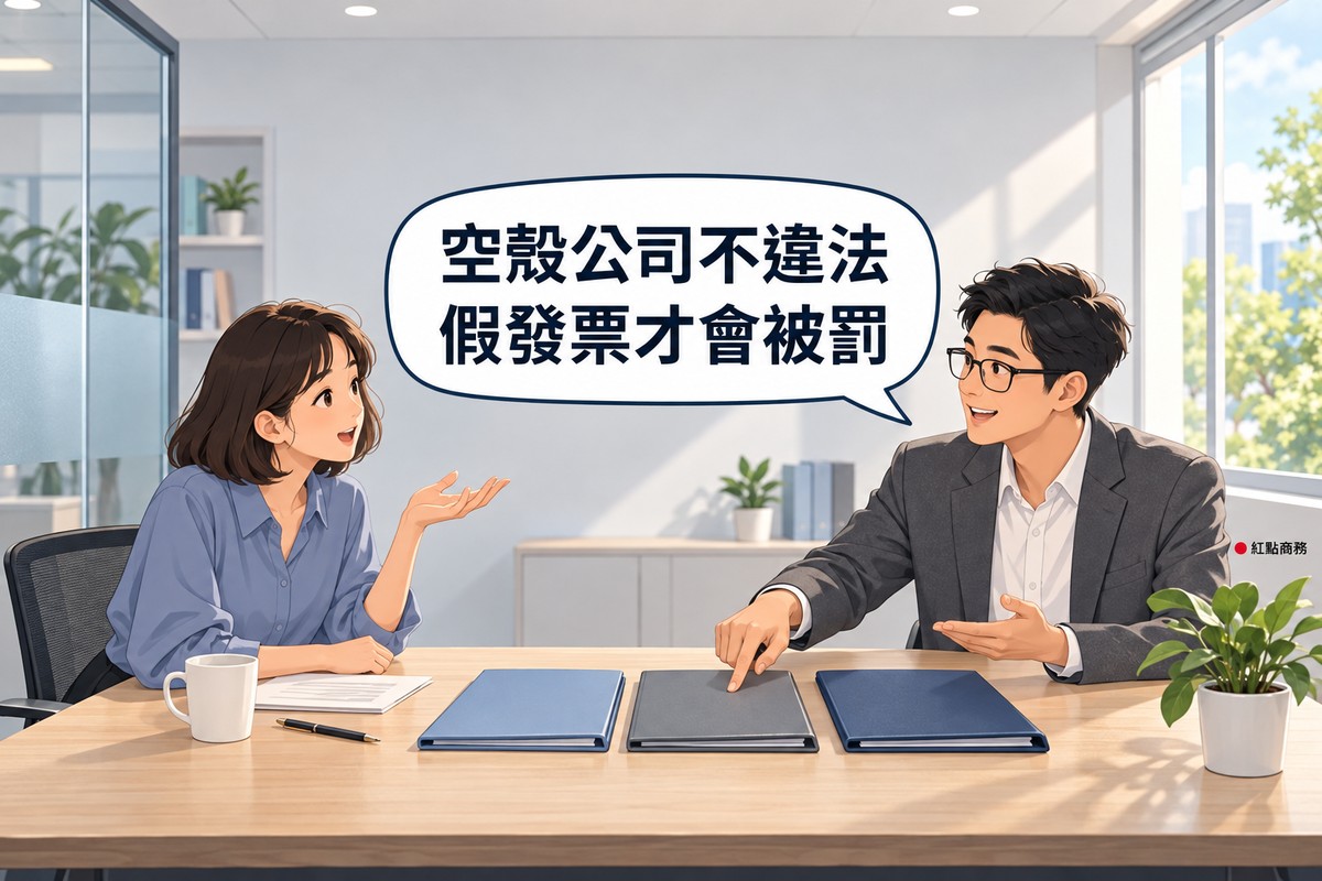 明亮的小諮詢室，左邊短鮑伯頭、穿霧藍色上衣的女創業者坐在木桌前身體前傾攤手發問，右邊短髮、戴眼鏡、穿石墨灰西裝外套的男顧問坐在對面微笑，指著桌上三個顏色不同的空白資料夾說明，對話氣泡寫著空殼公司不違法假發票才會被罰