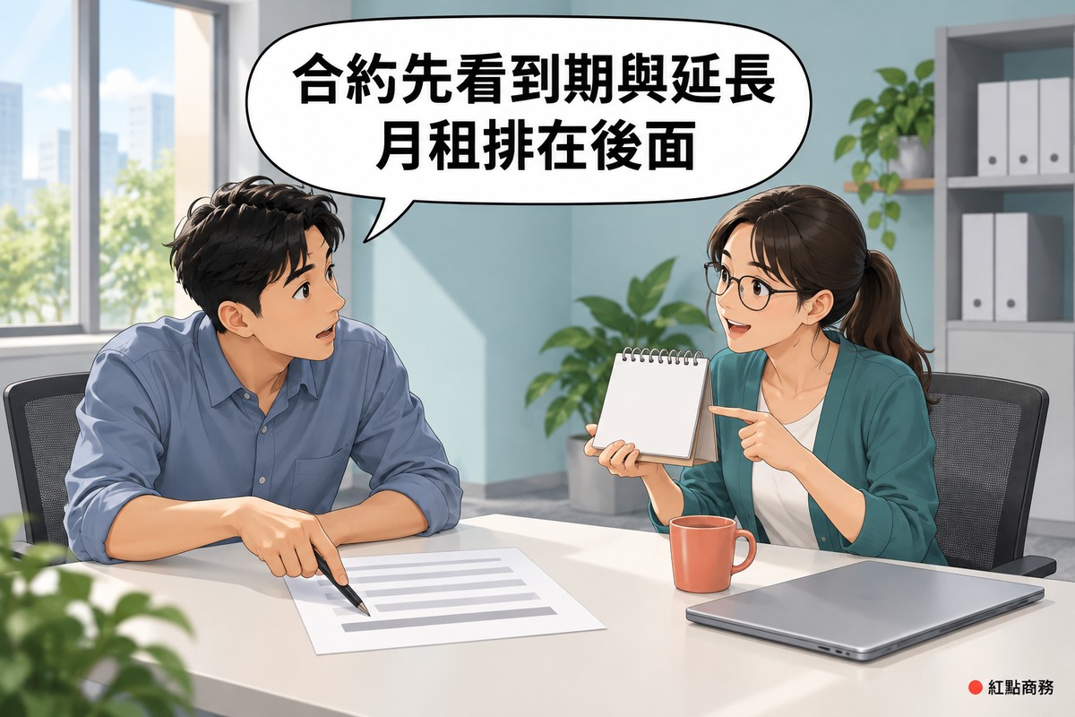 明亮的現成辦公室裡,一張白色會議桌旁,穿藍色襯衫、捲起袖子的男性承租人用筆指著桌上一張紙的下半部,轉頭張嘴發問,紙上只有幾條灰色的橫條代表文字;對面戴眼鏡、綁馬尾、穿藍綠色針織外套的女性空間管理人員舉著頁面空白的桌曆,另一手指著桌曆回答,桌上有一個珊瑚色馬克杯與闔起來的筆電,背後是淡藍綠色的牆、放著白色資料夾的層架與幾盆綠色植物,對話氣泡寫著合約先看到期與延長,月租排在後面