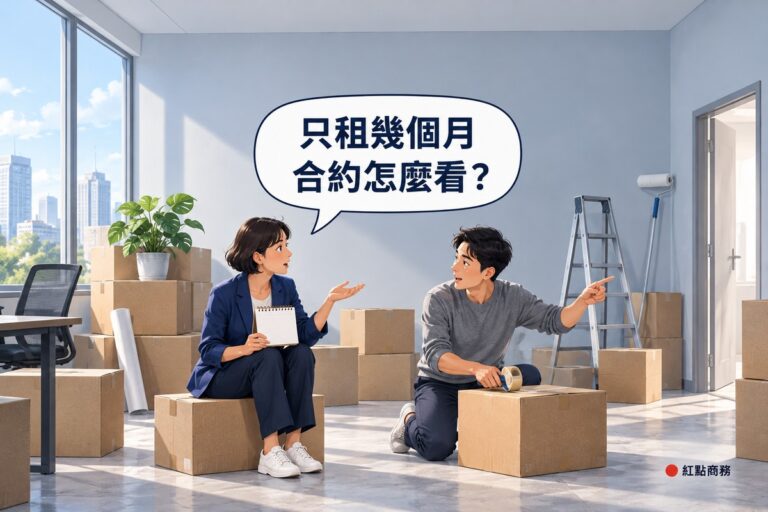 明亮的辦公室正在打包準備裝修,地上與窗邊疊著空白的紙箱,遠處牆邊靠著梯子與油漆滾筒;一位留短髮、穿靛藍色西裝外套的女性主管坐在紙箱上,一手拿著頁面空白的線圈筆記本、另一手攤開,轉頭張嘴發問;右邊穿灰色毛衣的男同事跪在地上用膠帶封箱,抬頭回話並伸手指向門口,左邊的紙箱上放著一盆綠色植物,背後是白天的城市窗景與淡灰藍色的牆,對話氣泡寫著只租幾個月,合約怎麼看