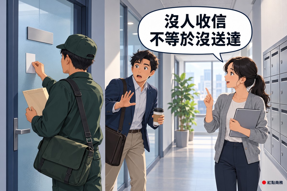 辦公大樓的走廊上,一位穿深綠色素面制服、戴同色帽子、斜背郵務包的郵務人員背對畫面,一手把一張空白的通知單貼在霧面玻璃門上,另一手拿著牛皮紙信封,門上的金屬門牌是空白的;走廊中間一位穿深藍色西裝外套、斜背公事包、拿著外帶咖啡的男性公司負責人睜大眼睛、舉起一隻手,表情驚訝;右邊一位綁馬尾、穿灰色針織外套、抱著平板的女同事豎起食指對他說話,她身後的牆上是一整排沒有標示的金屬信箱,走廊盡頭有窗戶和綠色植物,對話氣泡寫著沒人收信,不等於沒送達