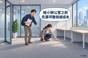 一間還沒進駐的小辦公室，左邊是打開的玻璃門與霧面玻璃隔間，門邊有一盆綠色植物，右邊靠牆擺著兩張淺木色辦公桌，大窗外是白天的城市街景；一位穿深藍色襯衫、捲起袖子、背著黑色後背包的男性創業者站著，一手抱著夾了空白紙張的板夾，另一手拿筆指著地面、張著嘴說話；旁邊一位綁馬尾、穿灰色西裝外套、背著棕色托特包的女性創業者蹲在灰色地毯上，把黃色捲尺拉向辦公桌的桌腳，對話氣泡寫著租小辦公室之前，先算坪數和總成本