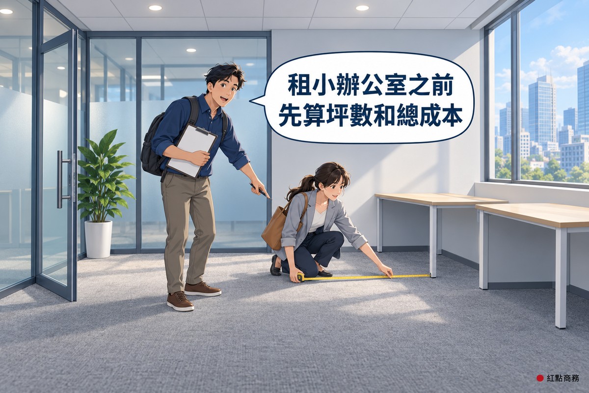 一間還沒進駐的小辦公室，左邊是打開的玻璃門與霧面玻璃隔間，門邊有一盆綠色植物，右邊靠牆擺著兩張淺木色辦公桌，大窗外是白天的城市街景；一位穿深藍色襯衫、捲起袖子、背著黑色後背包的男性創業者站著，一手抱著夾了空白紙張的板夾，另一手拿筆指著地面、張著嘴說話；旁邊一位綁馬尾、穿灰色西裝外套、背著棕色托特包的女性創業者蹲在灰色地毯上，把黃色捲尺拉向辦公桌的桌腳，對話氣泡寫著租小辦公室之前，先算坪數和總成本