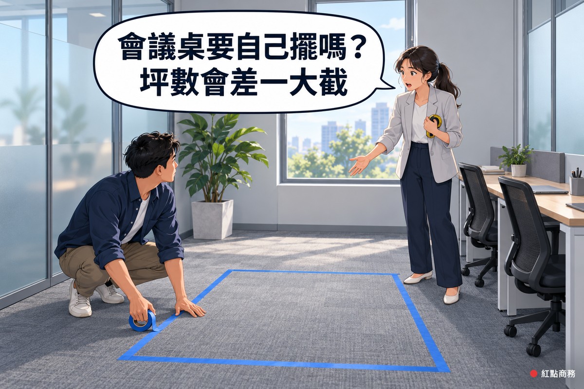 霧面玻璃隔間的小辦公室裡,地上鋪著灰色地毯;一位穿深藍色襯衫的男性創業者蹲在地上,手上拿著一捲藍色紙膠帶,已經在地毯上貼出一個大長方形,標出會議桌要放的位置,長方形占掉房間中間一大塊;右邊一位綁馬尾、穿淺灰色西裝外套的女性創業者站著,一手把捲起來的黃色捲尺拿在胸前,另一手攤向地上的膠帶框、張著嘴發問,她身後靠牆是擺著筆電與筆筒的辦公桌和兩張黑色辦公椅,後方有窗戶、城市街景和一大盆綠色植物,對話氣泡寫著會議桌要自己擺嗎,坪數會差一大截
