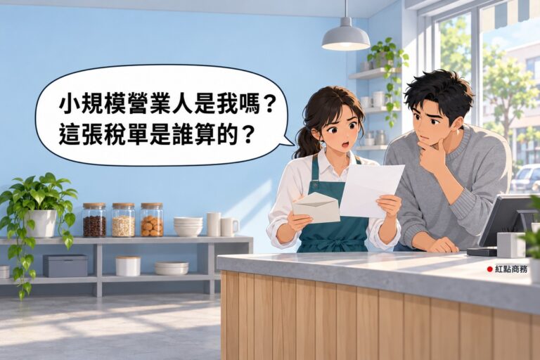 明亮的小店裡，牆面是淡天空藍，一位綁馬尾、白襯衫外穿藍綠色圍裙的女店主站在木頭櫃檯後面，一手拿著剛拆開的空白信封、一手拿著一張空白的紙，挑著眉毛、嘴巴微張地看著那張紙；旁邊穿灰色毛衣的男性友人湊過來一起看，一手托著下巴；左邊牆前的矮層架上放著三個玻璃罐、碗、杯子和一盆綠色植物，右後方的窗外是白天的街景，對話氣泡寫著小規模營業人是我嗎，這張稅單是誰算的