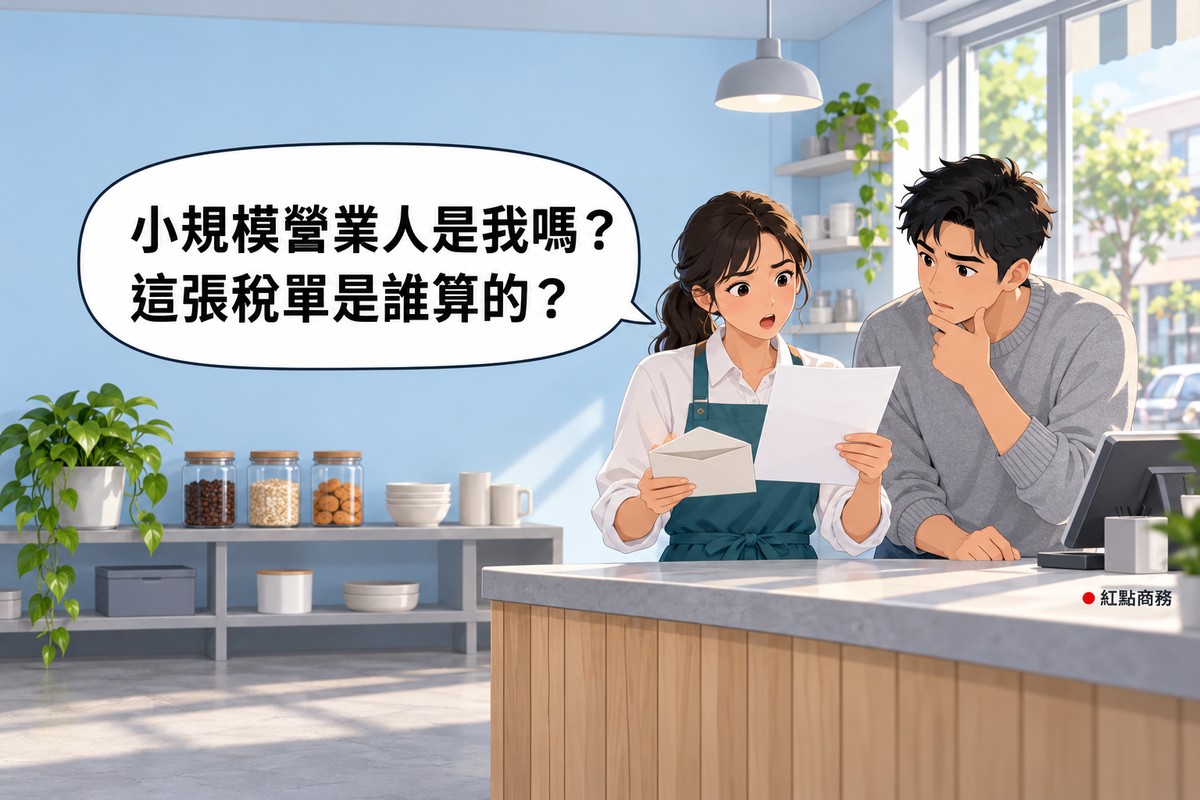 明亮的小店裡，牆面是淡天空藍，一位綁馬尾、白襯衫外穿藍綠色圍裙的女店主站在木頭櫃檯後面，一手拿著剛拆開的空白信封、一手拿著一張空白的紙，挑著眉毛、嘴巴微張地看著那張紙；旁邊穿灰色毛衣的男性友人湊過來一起看，一手托著下巴；左邊牆前的矮層架上放著三個玻璃罐、碗、杯子和一盆綠色植物，右後方的窗外是白天的街景，對話氣泡寫著小規模營業人是我嗎，這張稅單是誰算的