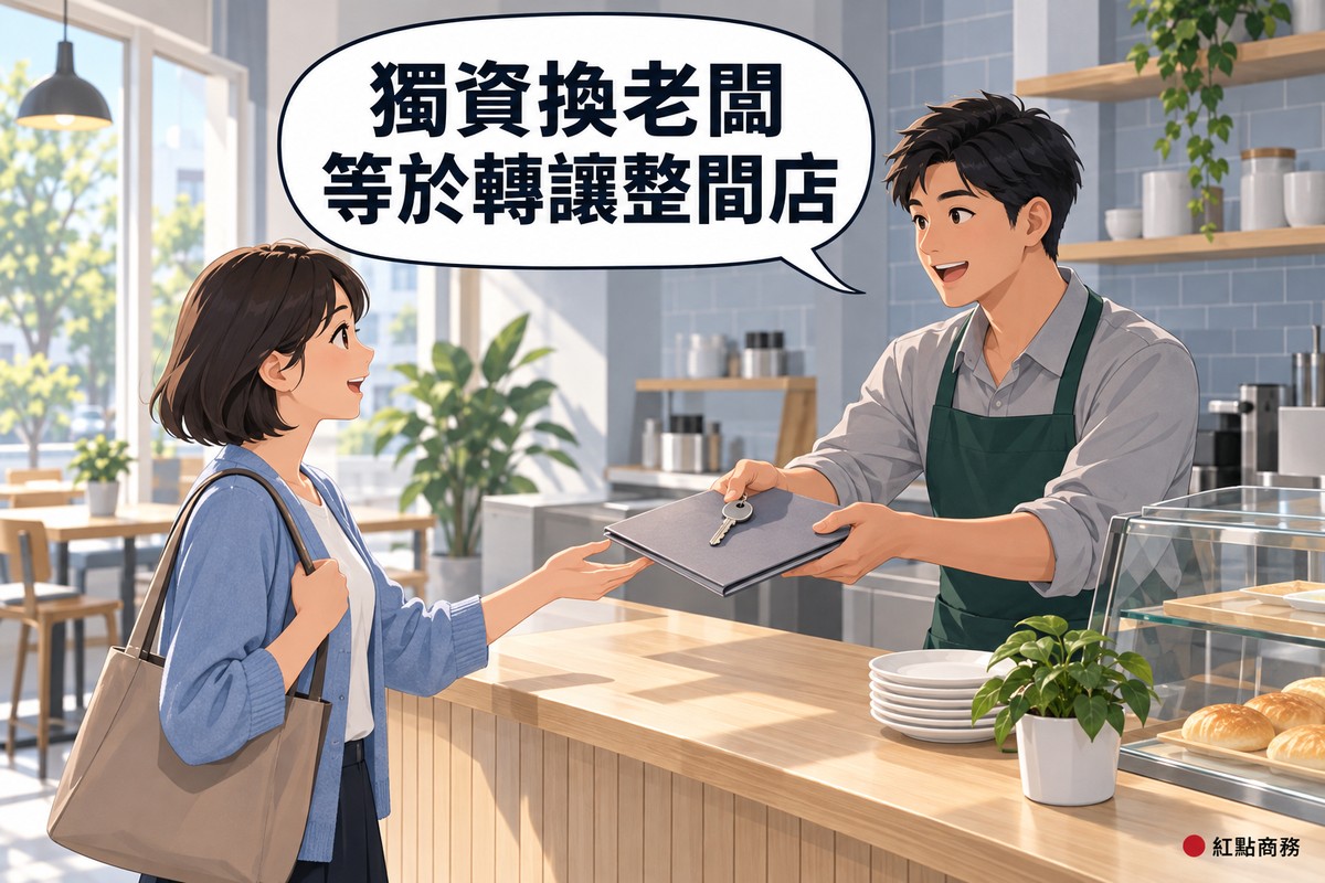 明亮的早餐店櫃台,右邊穿深綠色圍裙的店老闆隔著木頭櫃台,雙手遞出一把鑰匙和一個灰色資料夾,左邊穿霧藍色開襟外套的短髮女顧客一手拉著肩背包的背帶、一手伸出來接,櫃台上有白色盤子和一盆綠色植物,後面是淡灰藍色磁磚牆,對話氣泡寫著獨資換老闆等於轉讓整間店