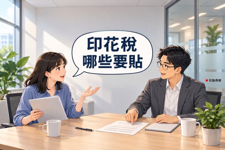 明亮的小會議室,左邊黑色直髮、穿霧藍色上衣的年輕創業者一手拿著空白資料夾、一手攤開發問,右邊戴眼鏡、穿石墨灰西裝外套的顧問一手指著桌上的空白紙張、一手放在空白記事本旁微笑說明,後方霧面玻璃外有一盆高大的綠色植物,對話氣泡寫著印花稅哪些要貼