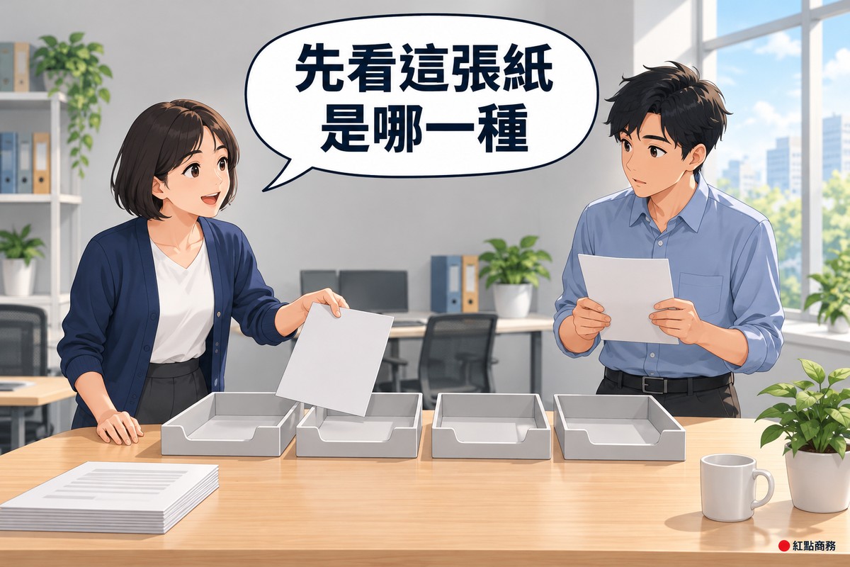 明亮的辦公室,左邊短鮑伯頭、穿靛藍色開襟衫的行政人員站在長桌前,把一張空白紙放進桌上四個並排的淺灰色文件盤之一並微笑說明,右邊短黑髮、穿藍色襯衫的年輕同事雙手拿著一張空白紙好奇地看著,對話氣泡寫著先看這張紙是哪一種