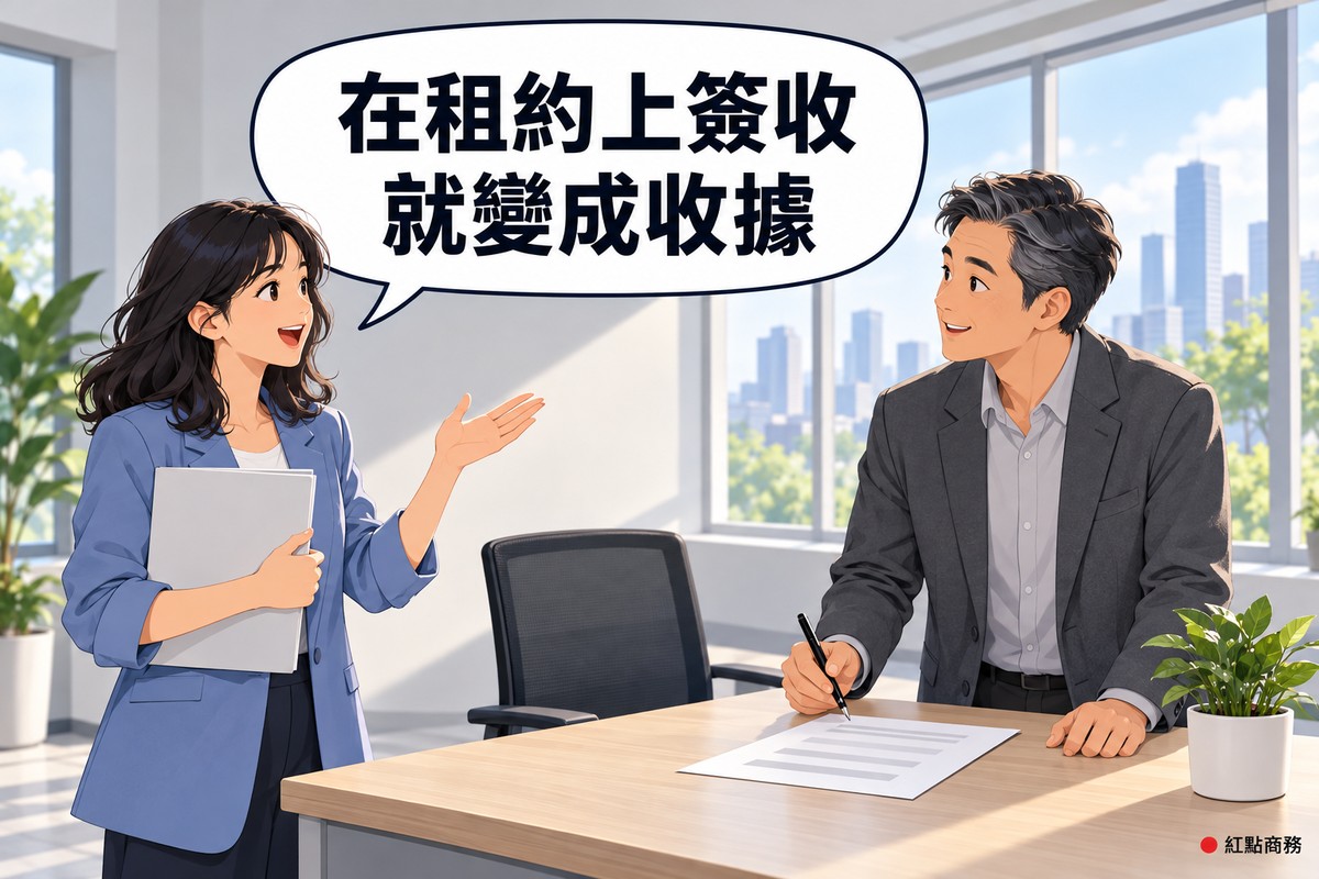明亮的待租小辦公室,左邊黑色捲髮、穿藍色西裝外套的承租人手臂夾著空白資料夾、一手攤開提醒,右邊頭髮灰白、穿石墨灰外套的房東拿筆停在桌上一張空白紙上方、微笑聆聽,對話氣泡寫著在租約上簽收就變成收據