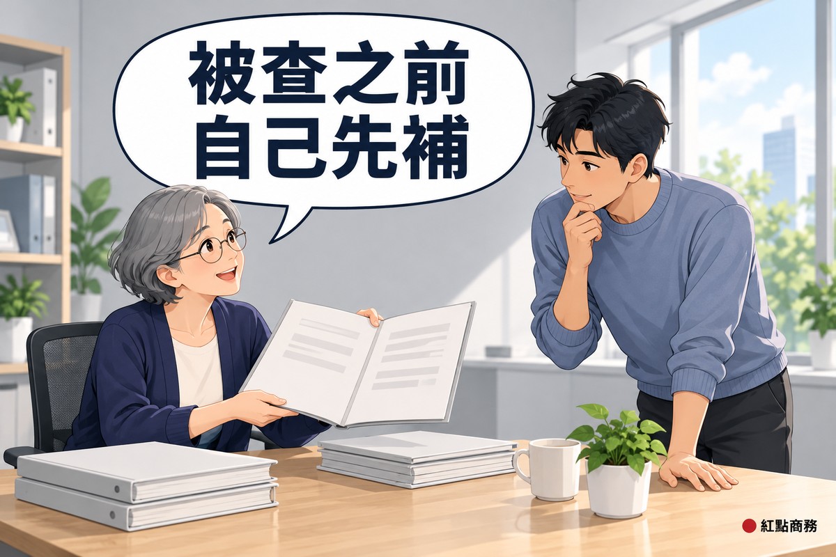 明亮的小辦公室,左邊灰色短髮、戴眼鏡、穿靛藍色開襟衫的會計坐在桌前雙手拿著一本翻開的空白資料夾說明,桌上有兩疊空白資料夾,右邊短黑髮、穿藍色毛衣的年輕負責人站在桌旁微微傾身、手扶下巴聆聽,對話氣泡寫著被查之前自己先補