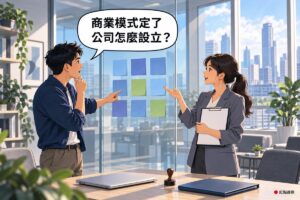 明亮的辦公室裡，一位穿深藍襯衫的創辦人站在玻璃牆前，一手托著下巴、一手指著牆上排成三乘三的九張空白便利貼發問；旁邊穿灰色西裝的顧問一手拿著夾在板子上的空白申請書，一手也指向便利貼說明，窗外是白天的城市街景，桌上放著筆電、公司印章和資料夾，上方對話氣泡寫著商業模式定了，公司怎麼設立