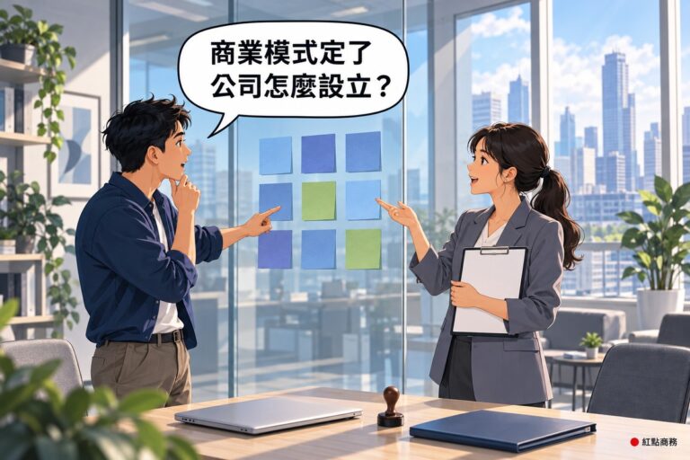 明亮的辦公室裡,一位穿深藍襯衫的創辦人站在玻璃牆前,一手托著下巴、一手指著牆上排成三乘三的九張空白便利貼發問;旁邊穿灰色西裝的顧問一手拿著夾在板子上的空白申請書,一手也指向便利貼說明,窗外是白天的城市街景,桌上放著筆電、公司印章和資料夾,上方對話氣泡寫著商業模式定了,公司怎麼設立