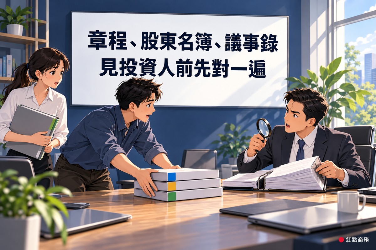 靛藍色牆面的會議室裡,一位投資人拿著放大鏡翻閱厚厚的活頁夾並抬頭發問,對面的創辦人把三本貼著色標的資料夾推過桌面,後方同事抱著另一本資料夾走進來,牆上的白板寫著章程、股東名簿、議事錄,見投資人前先對一遍