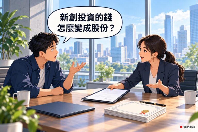 明亮的會議室裡,一位創辦人身體前傾、攤開手提問,對面的投資人把一份簽好的協議推過桌面並比著手勢說明,桌上放著資料夾、鋼筆和一疊蓋了緞帶章的空白股票,上方對話氣泡寫著新創投資的錢怎麼變成股份