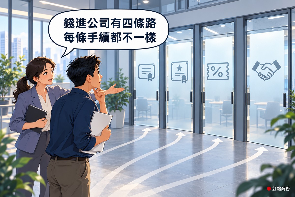 辦公室走廊上,一位創辦人抱著資料夾、托著下巴看向前方四扇霧面玻璃門,門上分別刻著股票、帶星號的股票、債券和握手的圖示,地上有四條箭頭各通往一扇門,旁邊的顧問伸手指向門口,對話氣泡寫著錢進公司有四條路每條手續都不一樣