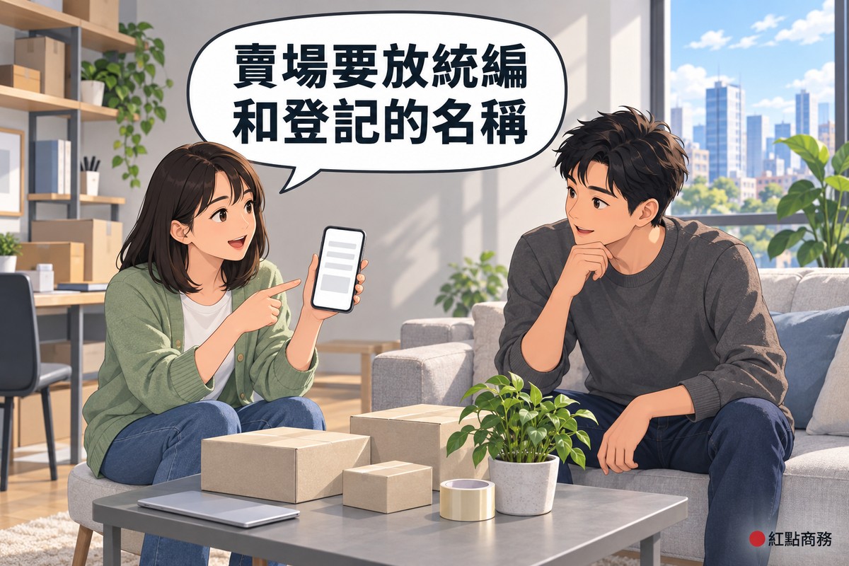 明亮的客廳角落,穿鼠尾草綠針織外套的網拍賣家坐在矮凳上拿著畫面只有灰色橫條的手機、指著螢幕說明,穿石墨灰毛衣的朋友坐在沙發上、手托下巴聽她說明,中間的矮桌上有闔上的筆電、素色包裹、膠帶和一盆綠色植物,對話氣泡寫著賣場要放統編和登記的名稱