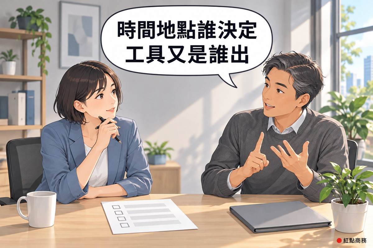 明亮的會議角落,穿霧藍色西裝外套、短鮑伯頭的女行政主管拿著筆,看著一張只有空白方格與灰色橫條的表單,旁邊灰白短髮、穿石墨灰毛衣的男人資顧問一手扳著手指說明,桌上有灰色資料夾、馬克杯和一盆綠色植物,對話氣泡寫著時間地點誰決定工具又是誰出