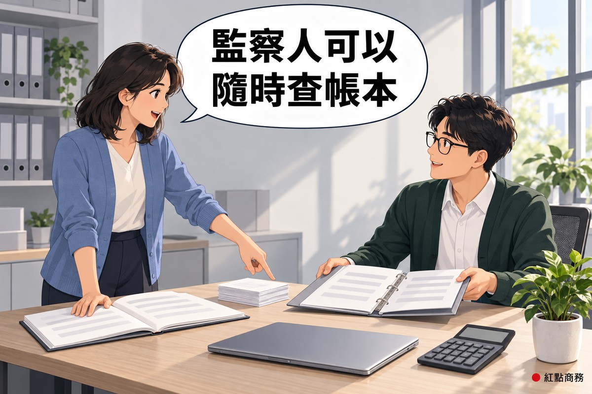 明亮的小辦公室,左邊穿霧藍色開襟衫的女監察人一手按著攤開的帳本、一手指著一小疊空白單據說明,右邊戴眼鏡、穿深綠色開襟衫的男記帳人員坐在桌前把攤開的灰色活頁夾遞過去並微笑,桌上有闔上的筆電、螢幕空白的計算機和一盆綠色植物,對話氣泡寫著監察人可以隨時查帳本