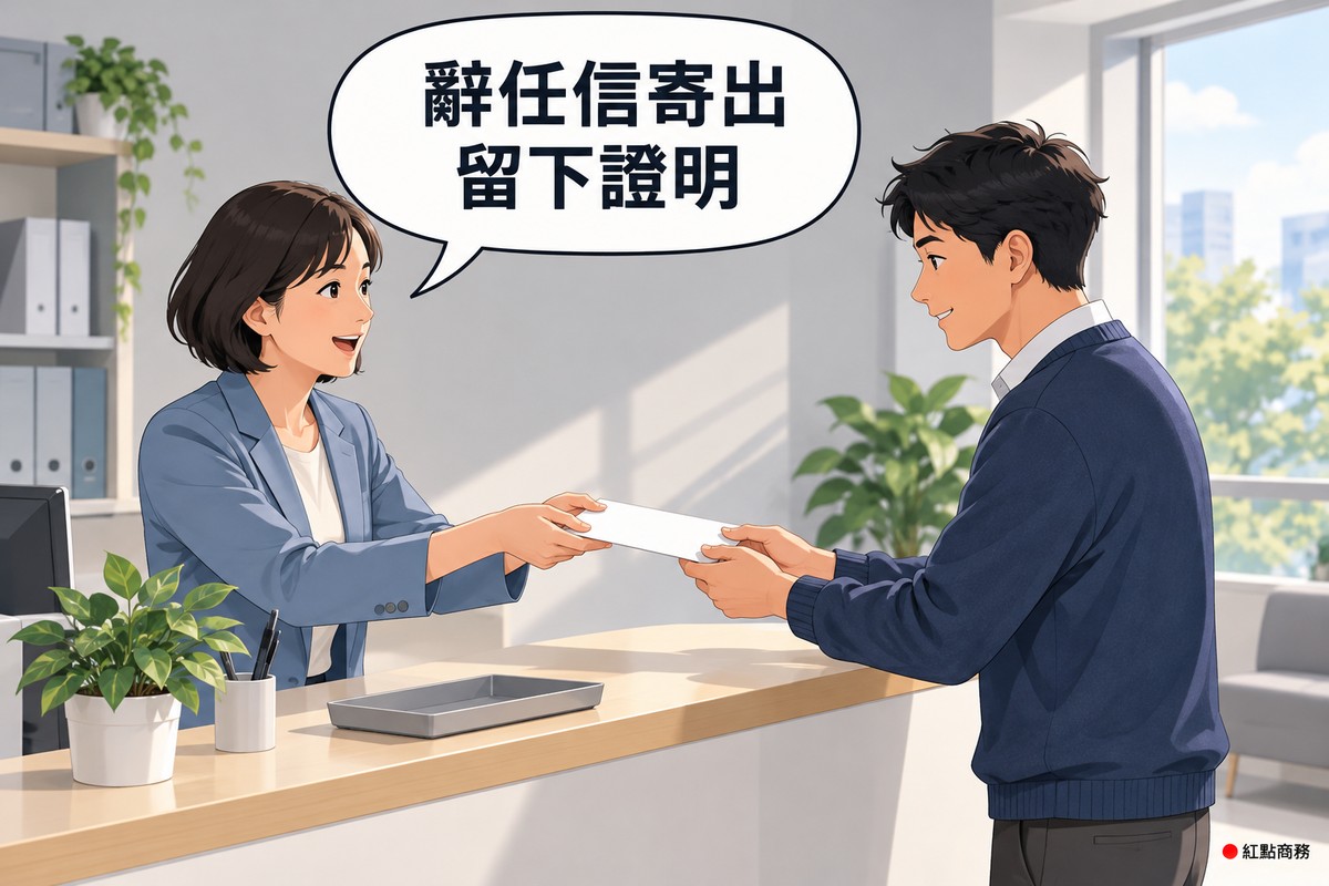 明亮的辦公室接待角落,左邊穿霧藍色西裝外套、短髮的女子隔著矮櫃台遞出一封空白白色信封並開口說話,右邊穿靛藍色針織衫的男行政人員雙手接過信封、微笑點頭,櫃台上有灰色托盤、筆和一盆綠色植物,對話氣泡寫著辭任信寄出留下證明