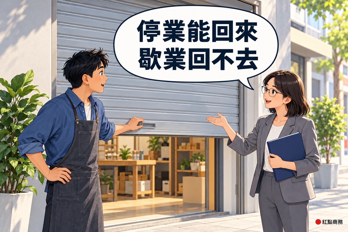 明亮的街邊小店,鐵捲門拉下一半、門後看得到店內的木架與紙箱,左邊穿藍色襯衫與深灰圍裙的店老闆一手扶著鐵門把手、一手叉腰發問,右邊戴眼鏡、穿灰色西裝外套的女顧問一手伸向半開的鐵門、一手抱著靛藍色資料夾說明,對話氣泡寫著停業能回來歇業回不去
