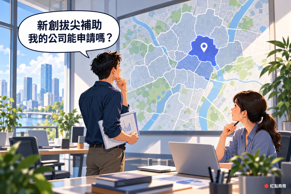一位創業者抱著公司文件站在辦公室的城市分區地圖前，地圖上有一區被標出並插著定位圖釘，上方對話氣泡寫著新創拔尖補助我的公司能申請嗎，旁邊的同事坐在筆電前一起看地圖