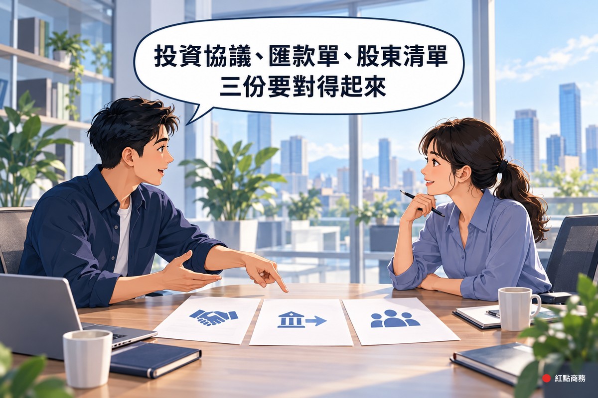 創業者與投資人隔著會議桌對坐,桌上並排三份文件,分別畫著握手、匯款與多人圖示,創業者指著文件,上方對話氣泡寫著投資協議匯款單股東清單三份要對得起來
