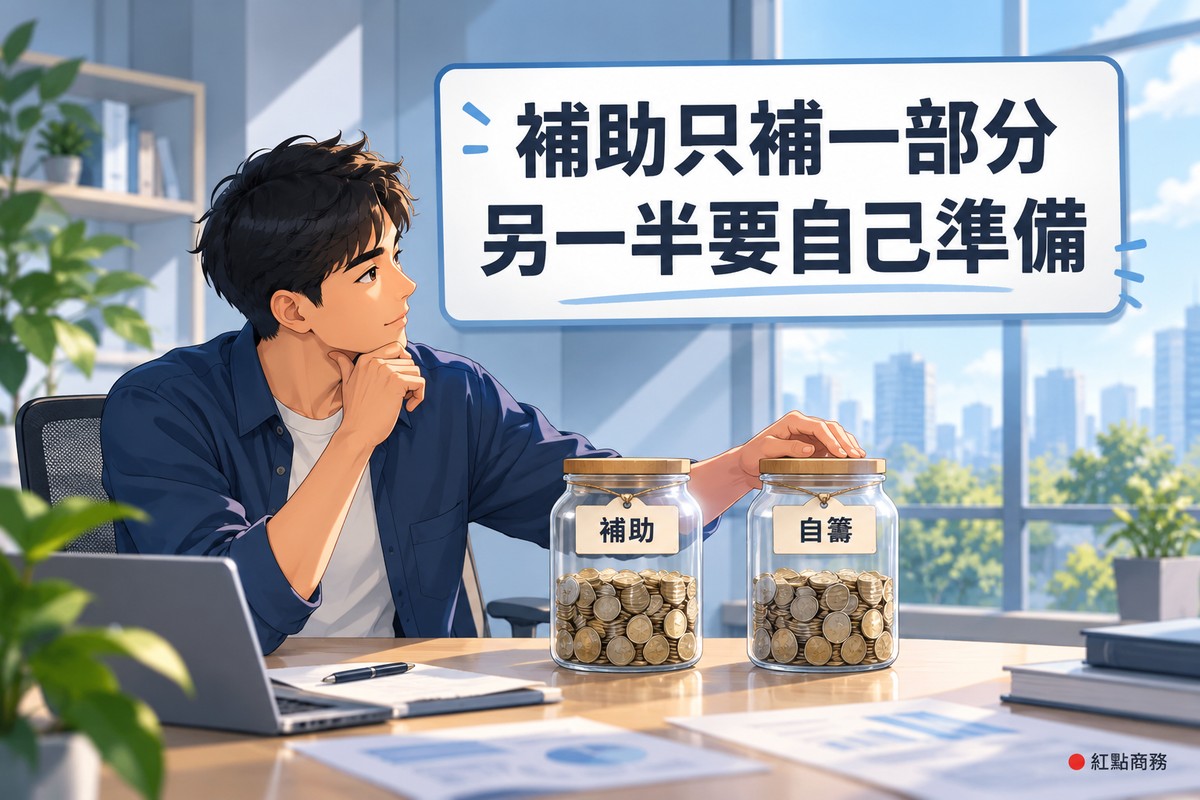創業者坐在辦公桌前,看著桌上兩個一樣大的玻璃罐,一個標著補助、一個標著自籌,裡面的硬幣一樣高,上方看板寫著補助只補一部分另一半要自己準備