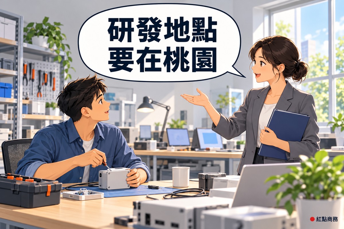明亮的小型研發工作室,左邊捲起袖子、穿藍色工作襯衫的工程師坐在工作台前用螺絲起子調整空白的原型裝置,抬頭聽;右邊盤低髮髻、穿石墨灰西裝外套的女主管一手比向身邊的工作空間、一手拿著靛藍色資料夾說明,對話氣泡寫著研發地點要在桃園