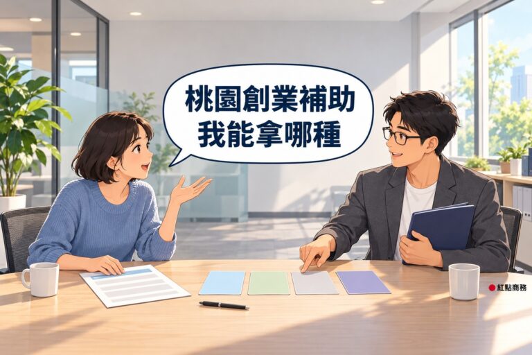 明亮的商務中心洽談角,左邊短髮、穿藍色針織上衣的創業者一手按著只有欄位色塊的申請表、一手攤開發問,桌上並排四張不同淡色的空白卡片,右邊戴眼鏡、穿石墨灰西裝外套的男顧問指著四張卡片說明,對話氣泡寫著桃園創業補助我能拿哪種