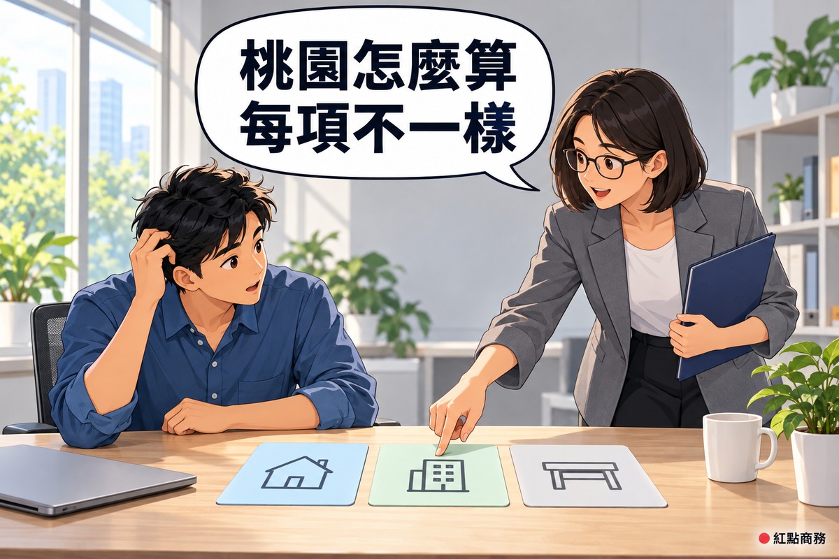 明亮的小辦公室,左邊穿藍色襯衫的年輕男子看著桌上並排的三張空白卡片(房子、辦公大樓、工作台的簡單線條圖示),一手抓頭思考;右邊戴眼鏡、穿石墨灰西裝外套的女顧問彎身用手指點著卡片說明、另一手拿著靛藍色資料夾,對話氣泡寫著桃園怎麼算每項不一樣