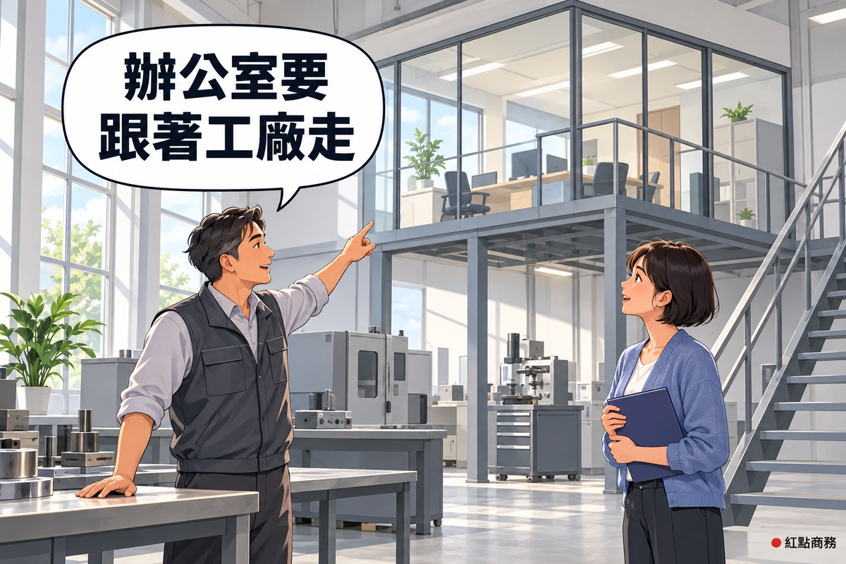 明亮整潔的小工廠,地面有幾台素面機器與工作台,樓上夾層是一間玻璃隔間的小辦公室,旁邊有一座金屬樓梯;左邊穿深灰色工作背心的廠長一手扶著工作台、一手指向樓上辦公室說明,右邊站在樓梯口、穿藍色針織外套的女職員雙手抱著靛藍色資料夾抬頭看,對話氣泡寫著辦公室要跟著工廠走