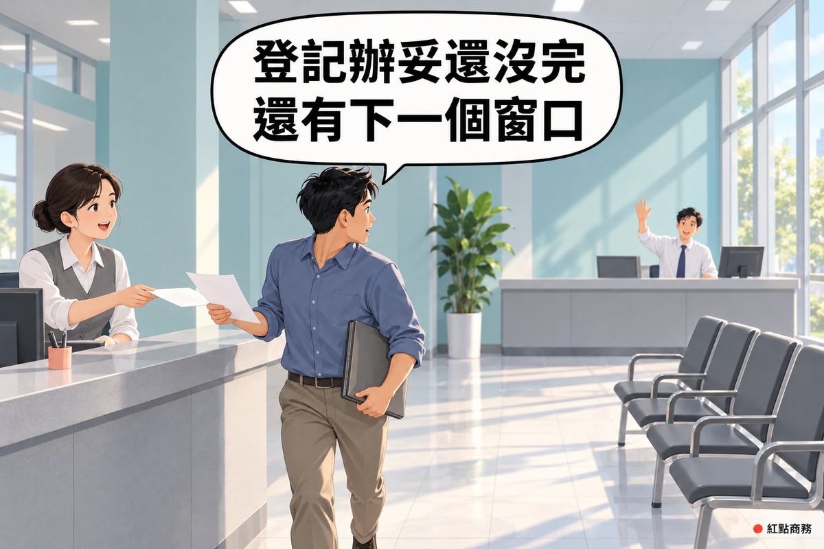 明亮的洽公大廳裡有兩個相隔一段距離的服務櫃檯;穿藍色襯衫、腋下夾著深灰色資料夾的男性負責人剛從近處櫃檯綁著髮髻、穿灰色背心的女性承辦人手上接過一張空白的紙,邊走邊轉頭看向遠處的另一個櫃檯,那裡穿白襯衫打領帶的男性承辦人舉手向他招手,右邊是一排空的等候椅,中間有一盆綠色植物,牆面是淡藍綠色,對話氣泡寫著登記辦妥還沒完,還有下一個窗口