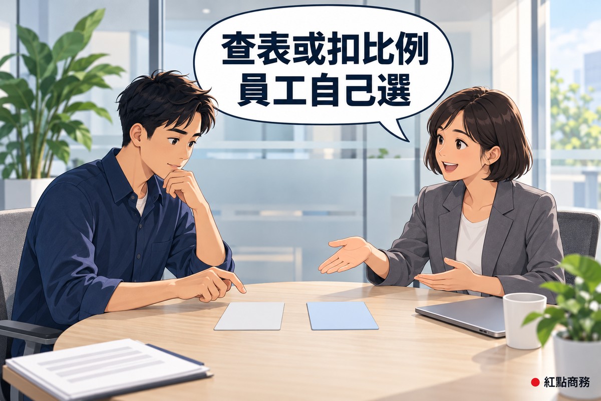 明亮的商務中心會議角落,左邊短髮、穿靛藍色襯衫的男員工坐在圓桌前,看著桌上並排的兩張空白卡片、手在兩張之間猶豫,右邊短鮑伯頭、穿石墨灰西裝外套的女記帳人員坐在對面攤手說明,背後是霧面玻璃隔間和一盆綠色植物,對話氣泡寫著查表或扣比例員工自己選