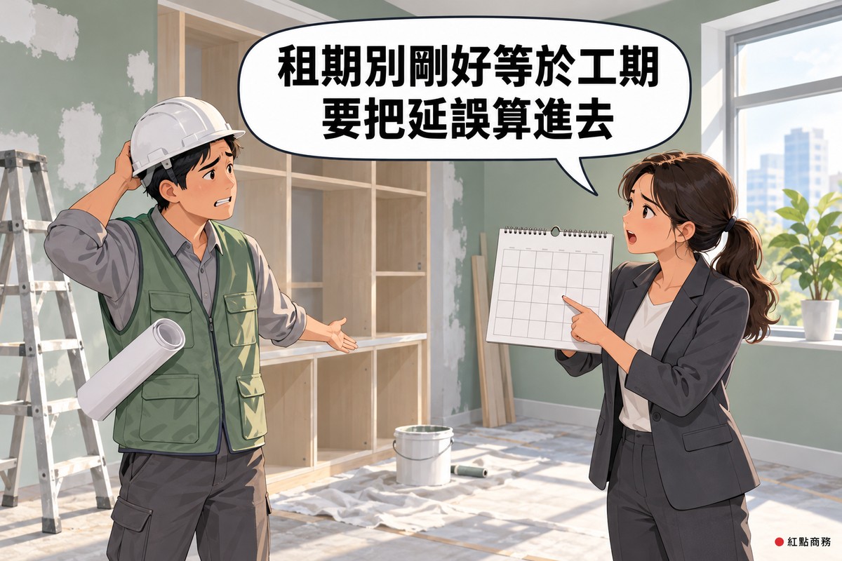 裝修到一半的辦公室,淡綠色的牆面有幾塊剛補的批土,左邊立著梯子,中間是還沒裝門片的木作層櫃,地上鋪著防護布、放著油漆桶;戴白色工地帽、穿綠色工作背心的男性工地主任腋下夾著捲起來的圖,一手抓著後腦勺、表情抱歉地比向沒完成的櫃子;對面綁馬尾、穿深灰色西裝外套的女性老闆舉著格子全部空白的月曆,用手指點著其中一格,皺著眉頭說話,右邊窗台上有一盆綠色植物,對話氣泡寫著租期別剛好等於工期,要把延誤算進去
