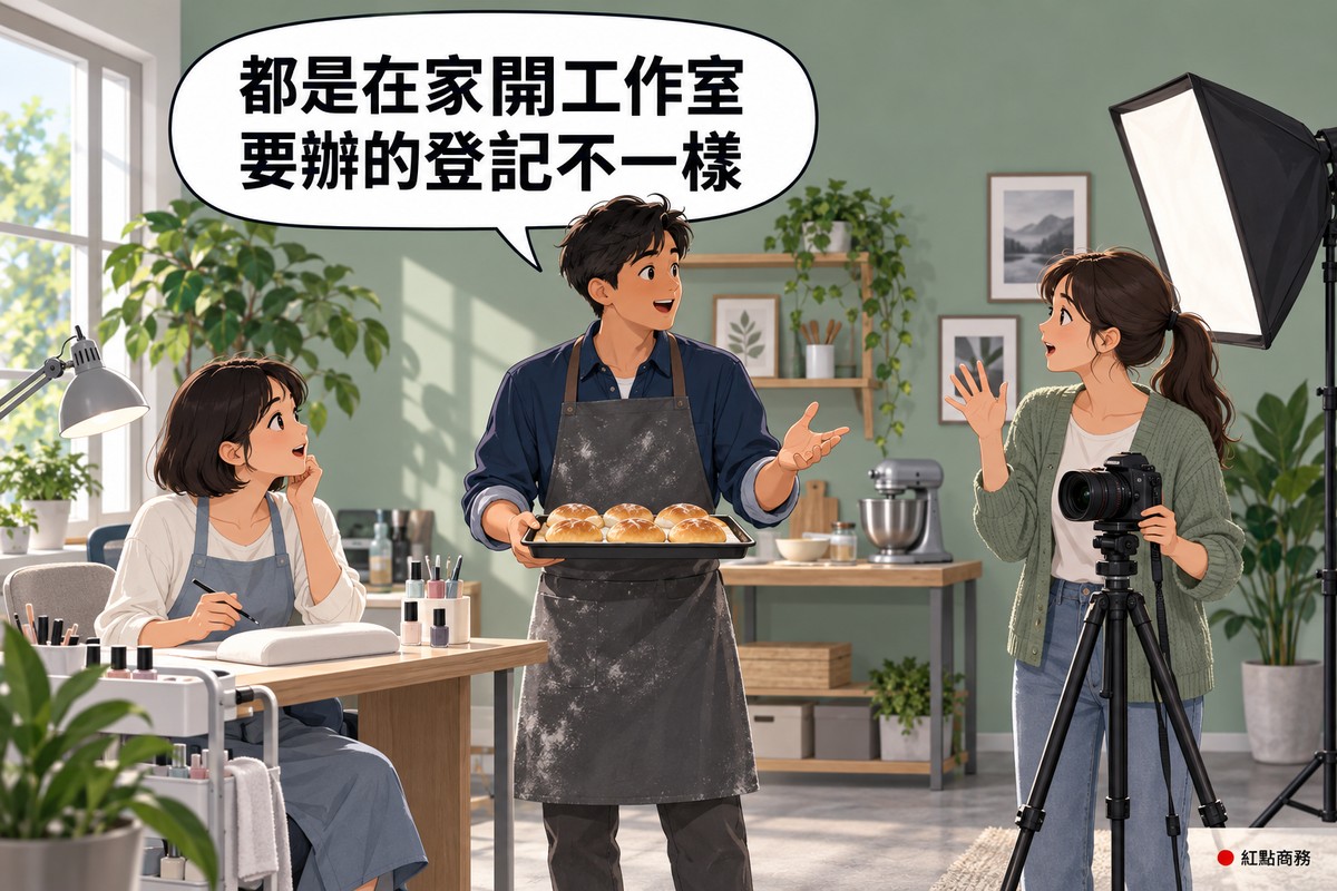 同一個明亮的居家工作空間裡有三個人在聊天:左邊短髮、穿霧藍色圍裙的美甲師坐在有檯燈的美甲桌前,手上拿著筆、托著臉抬頭看;中間穿深藍襯衫與沾了麵粉的灰色圍裙的烘焙師端著一盤麵包、攤開一隻手正在說話;右邊綁馬尾、穿鼠尾草綠針織外套的攝影師站在腳架上的相機後面,舉起一隻手露出驚訝的表情,旁邊有一盞柔光燈,背後是鼠尾草綠的牆、放著攪拌機的工作檯、掛畫與幾盆綠色植物,對話氣泡寫著都是在家開工作室,要辦的登記不一樣