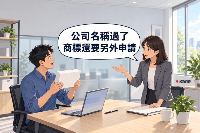 明亮的小辦公室,左邊短髮、穿霧藍色襯衫的年輕創辦人坐在桌前開心舉起一個空白的白色產品盒,右邊及肩直髮、穿石墨灰西裝外套的顧問站在桌旁一手按著空白資料夾、一手攤開說明,對話氣泡寫著公司名稱過了商標還要另外申請