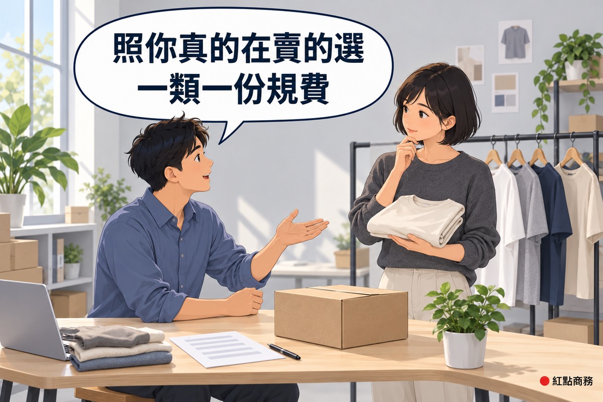 明亮的網路服飾工作室,短鮑伯頭、穿石墨灰毛衣的品牌主人拿著一件摺好的素色上衣思考,短捲髮、穿霧藍色襯衫的顧問坐在工作桌旁攤手指向上衣說明,桌上有一個空白紙箱,對話氣泡寫著照你真的在賣的選一類一份規費