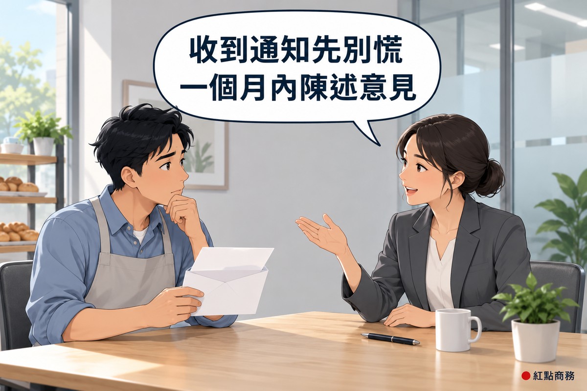 明亮的小諮詢室,短黑髮、圍淺灰圍裙的烘焙店老闆拿著一個拆開的空白信封面露擔心,對面盤低髻、穿石墨灰西裝外套的律師微笑舉手安撫說明,對話氣泡寫著收到通知先別慌一個月內陳述意見