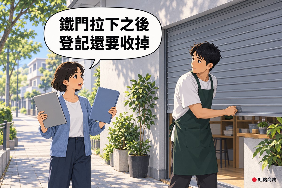 早晨的店門口,右邊穿深綠色圍裙的男老闆把灰色鐵捲門拉下一半、轉頭聽著,左邊穿霧藍色開襟外套的短髮女子一手拿灰色資料夾、一手拿霧藍色資料夾向他說明,門邊有幾盆綠色植物,對話氣泡寫著鐵門拉下之後登記還要收掉