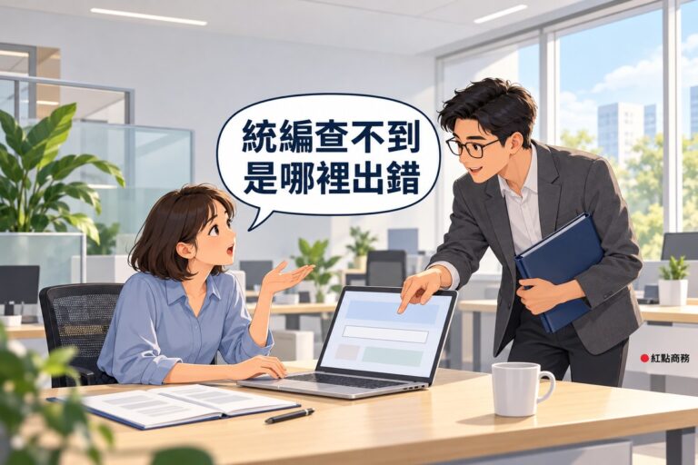 明亮的商務中心辦公區,左邊短髮、穿霧藍色上衣的會計坐在筆電前,螢幕只有色塊和一個空白輸入框,她一手攤開轉頭發問;右邊戴眼鏡、穿石墨灰西裝外套的男同事彎身指著螢幕說明、另一手夾著靛藍色資料夾,對話氣泡寫著統編查不到是哪裡出錯