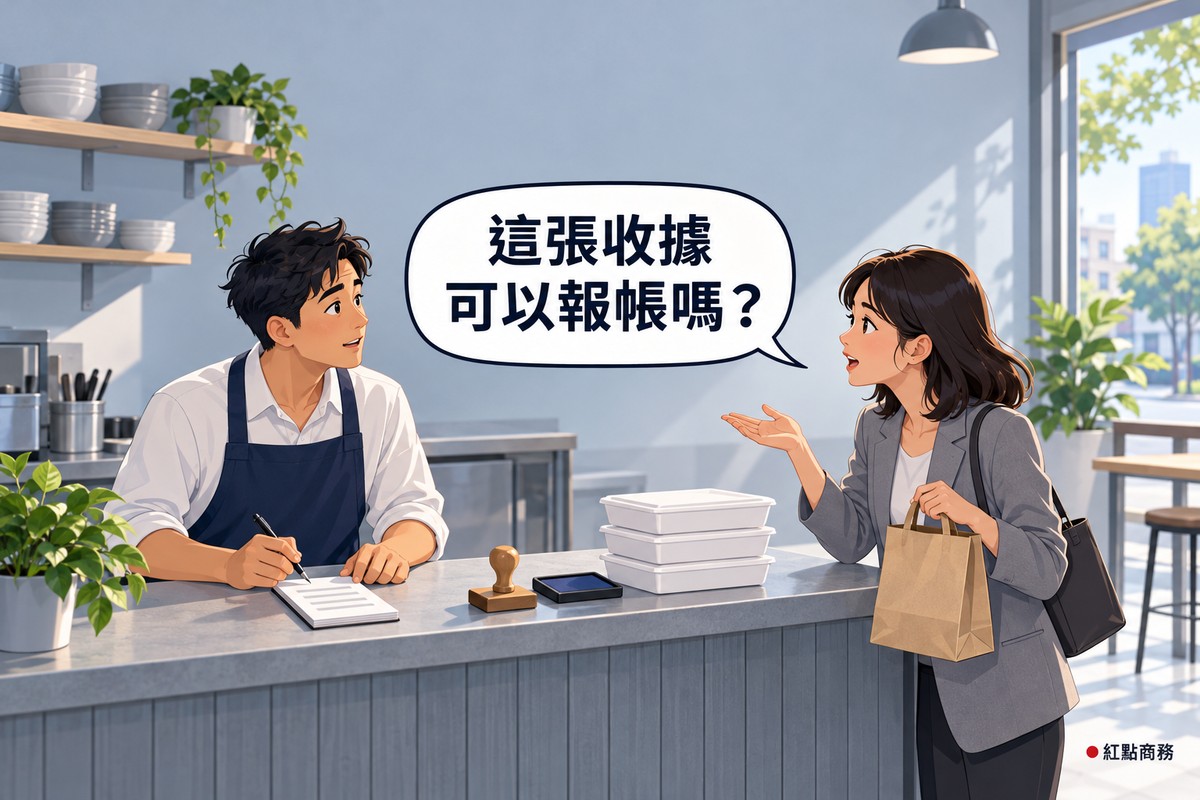 社區便當店的櫃台，左邊穿深靛藍色圍裙、白襯衫的男老闆站在櫃台後面，一手拿筆放在一本空白的收據本上，抬頭看著客人；右邊穿淺灰色西裝外套的女客人一手提著牛皮紙袋、肩上揹著黑色托特包，另一隻手掌心向上在發問，櫃台上有一顆木頭印章、一個印泥盒和三個疊起來的白色便當盒，後面是淡灰藍色的牆、放著碗盤與植物的木層架和窗邊的綠色植物，對話氣泡寫著這張收據可以報帳嗎