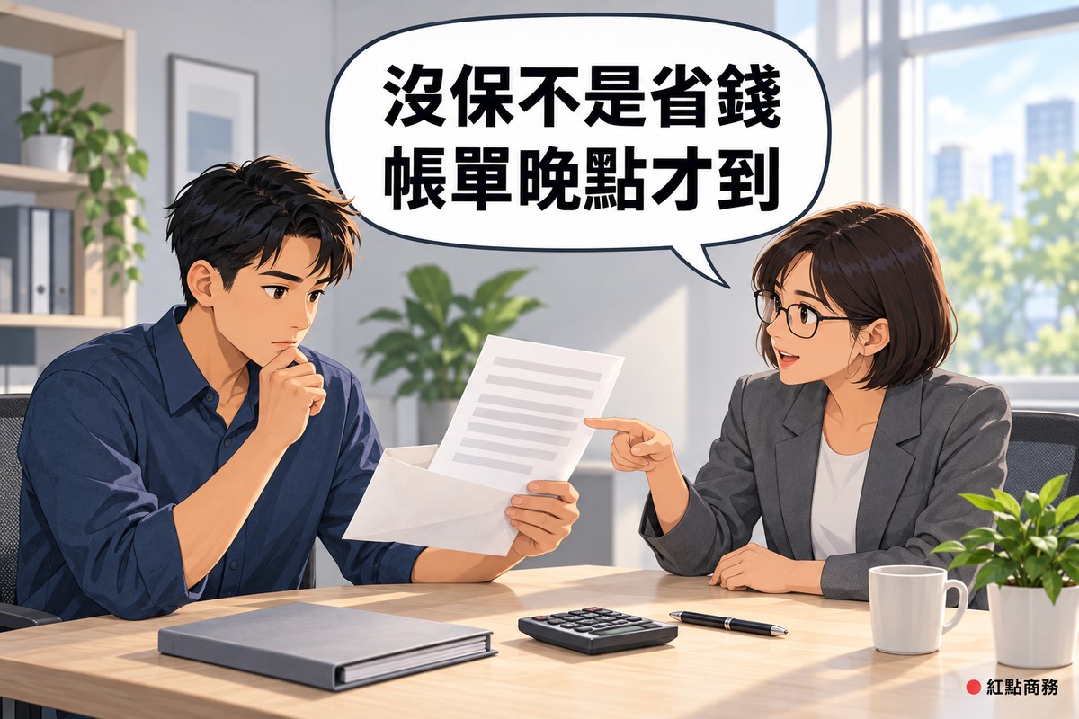明亮的小辦公室,左邊穿深藍色襯衫的短髮男老闆坐在木桌前,拿著拆開的信封和一張只有灰色橫條的紙,神情若有所思,右邊戴眼鏡、短鮑伯頭、穿石墨灰西裝外套的女會計坐在桌旁指著紙張說明,桌上有灰色資料夾、螢幕空白的計算機、筆、馬克杯和一盆綠色植物,對話氣泡寫著沒保不是省錢帳單晚點才到