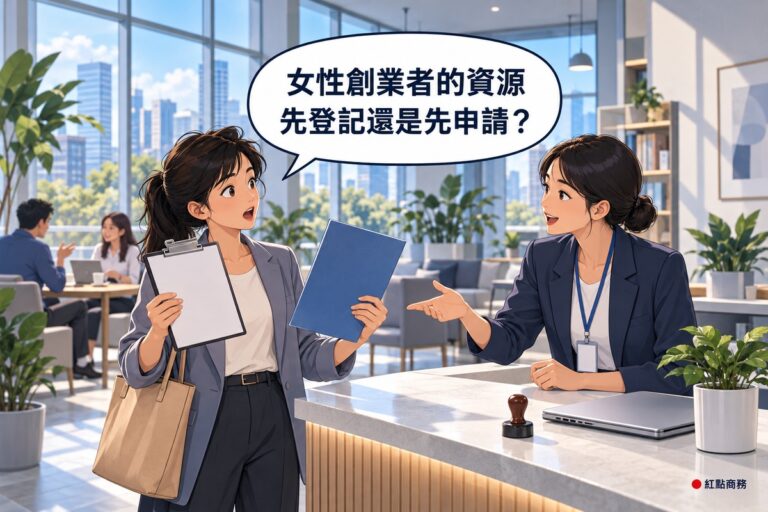 明亮的創業服務大廳裡,一位背著托特包的女性創業者站在櫃檯前,一手拿著夾在板子上的空白表單,一手拿著藍色資料夾,轉頭向櫃檯後的顧問發問;戴著識別證的顧問伸手比向她手上的文件開始說明,櫃檯上放著公司印章、筆電和盆栽,後方有兩個人坐著討論,窗外是城市景色,對話氣泡寫著女性創業者的資源,先登記還是先申請